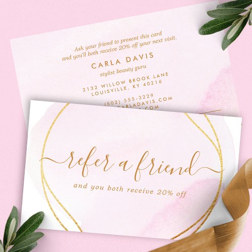 Pink Watercolor Gold Circle Modern Referral Card