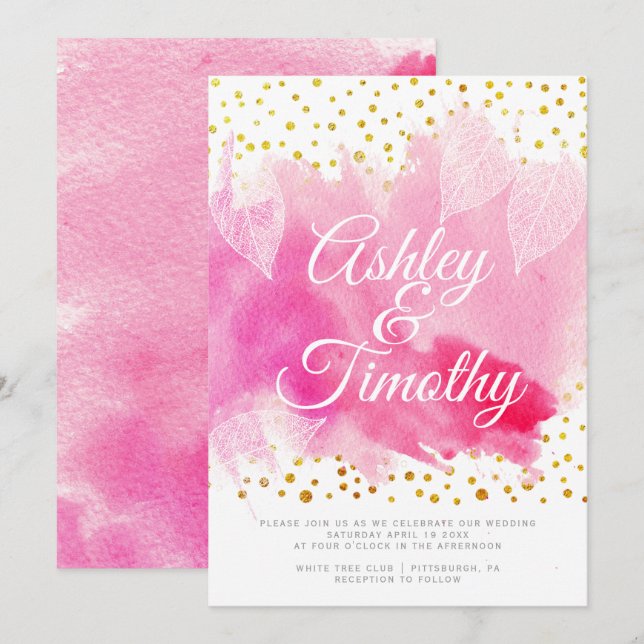 Pink watercolor, gold confetti calligraphy wedding invitation (Front/Back)