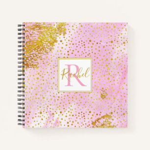Pink watercolor, gold confetti monogram notebook