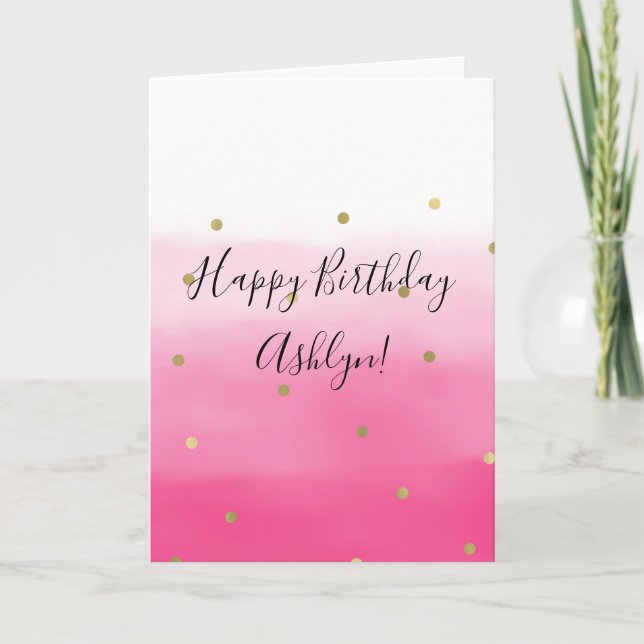 Pink Watercolor Gold Confetti Ombre Birthday Card (Front)