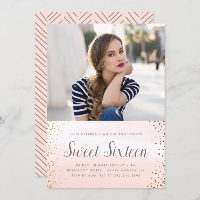 Pink Watercolor & Gold Confetti Sweet 16 Birthday Invitation (Front/Back)