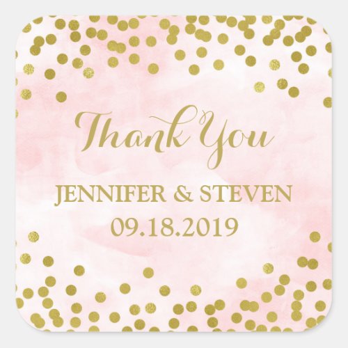 Pink Watercolor Gold Confetti Wedding Label