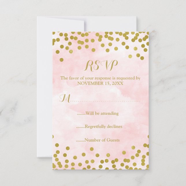 Pink Watercolor Gold Confetti Wedding RSVP (Front)