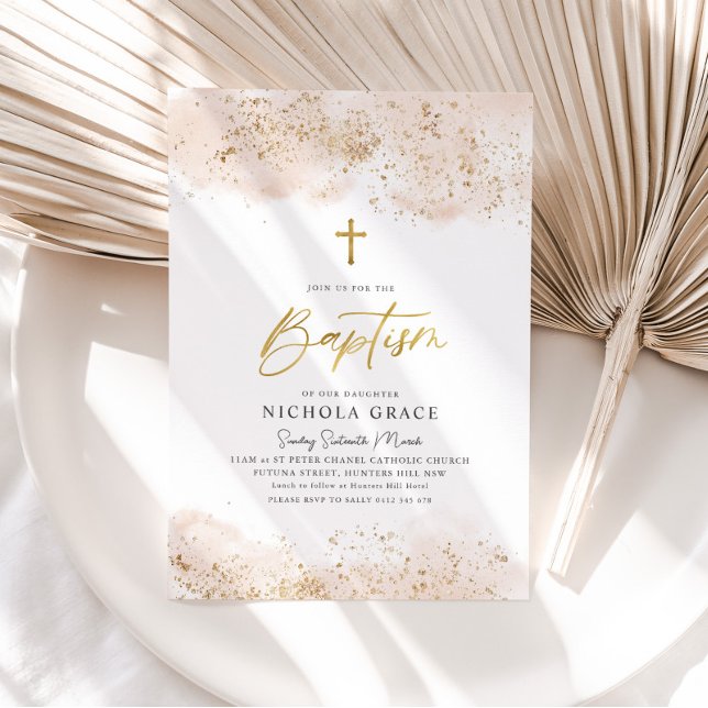 Pink Watercolor Gold Cross Gir Christening Baptism Invitation (Creator Uploaded)