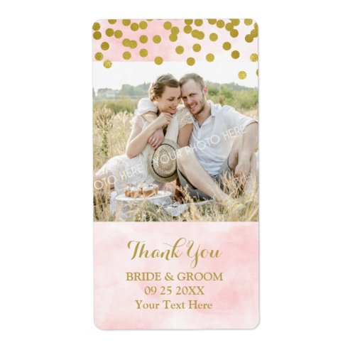 Pink Watercolor Gold Dots Photo Wedding Label