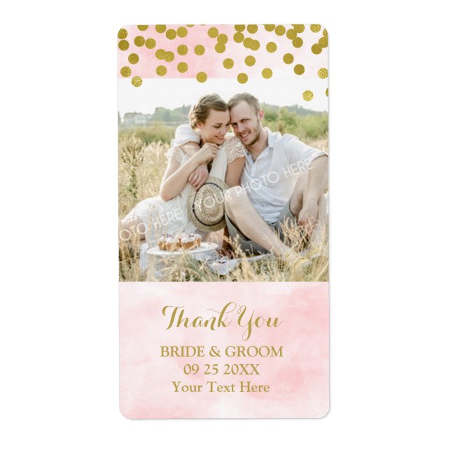 Pink Watercolor Gold Dots Photo Wedding Label (Front)