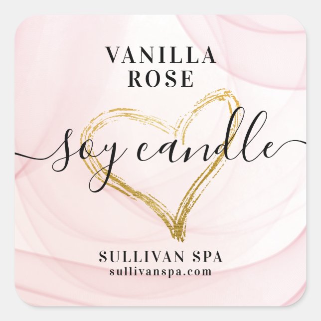Pink Watercolor Gold Foil Heart Soy Candle Label (Front)