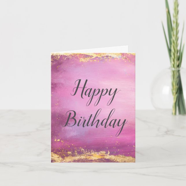 Pink Watercolor & Gold Foil Trim Birthday Card (Front)