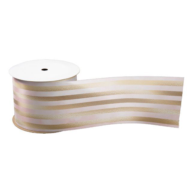 Pink Watercolor Gold Glam Stripes Satin Ribbon (Spool)