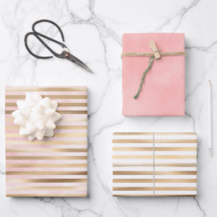 Pink Watercolor Gold Glam Stripes Wrapping Paper Sheets