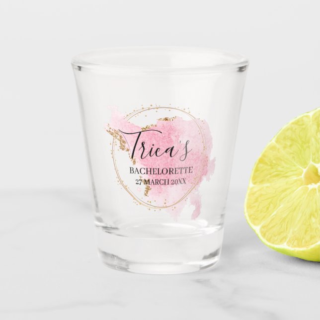 Pink Watercolor Gold Glitter Bachelorette Party Shot Glass (Front)