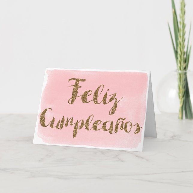 Pink Watercolor Gold Glitter Feliz Cumpleanos Card (Front)
