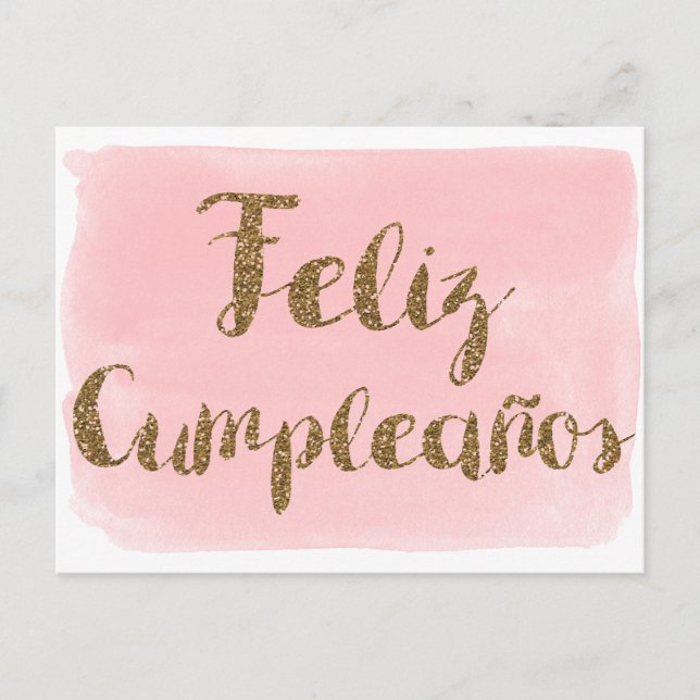Pink Watercolor Gold Glitter Feliz Cumpleanos Postcard (Front)