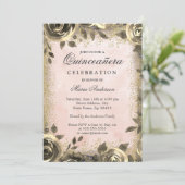 Pink Watercolor Gold Glitter Floral Quinceanera Invitation (Standing Front)