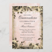 Pink Watercolor Gold Glitter Floral Quinceanera Invitation (Front/Back)