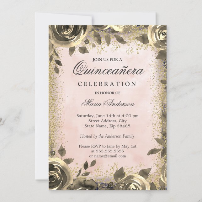 Pink Watercolor Gold Glitter Floral Quinceanera Invitation (Front)
