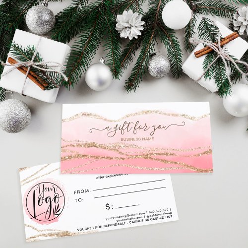 Pink watercolor gold glitter logo gift certificate