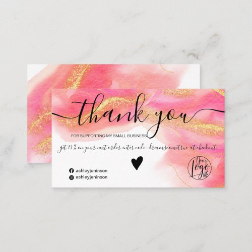 Pink watercolor gold glitter logo order thank you business card