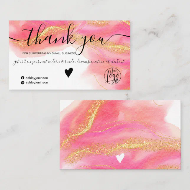 Pink watercolor gold glitter logo order thank you business card | Zazzle