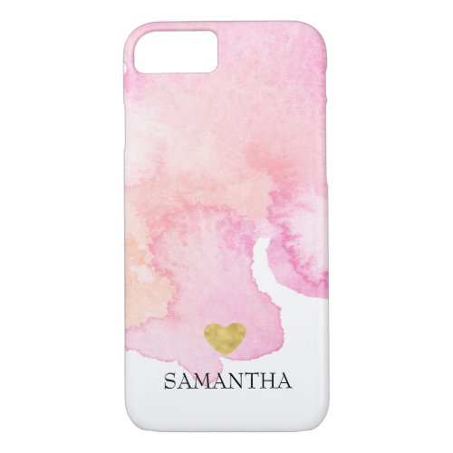 Pink Watercolor Gold Heart Personalized iPhone 87 Case