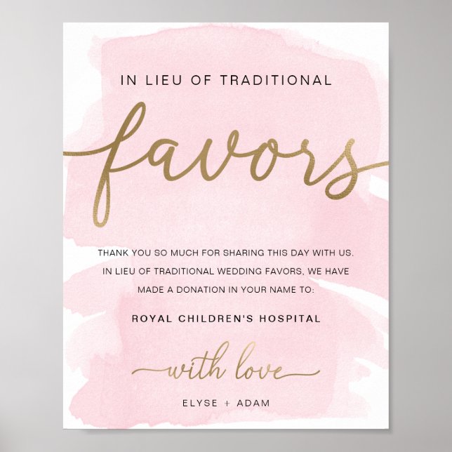 Pink Watercolor Gold In Lieu Of Favors Sign (Front)