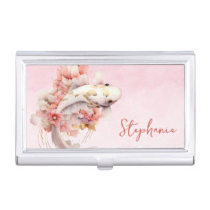 Pink Watercolor Gold Koi Fish Floral Business Card Case