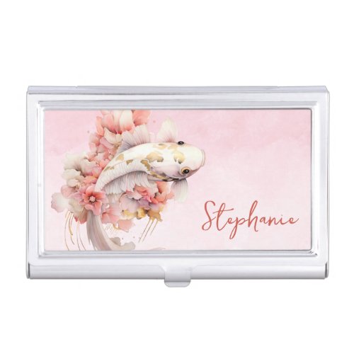 Pink Watercolor Gold Koi Fish Floral Business Card Case