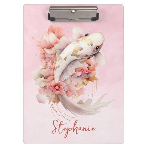 Pink Watercolor Gold Koi Fish Floral Clipboard