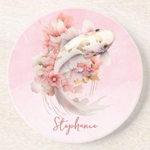 Pink Watercolor Gold Koi Fish Floral Coaster