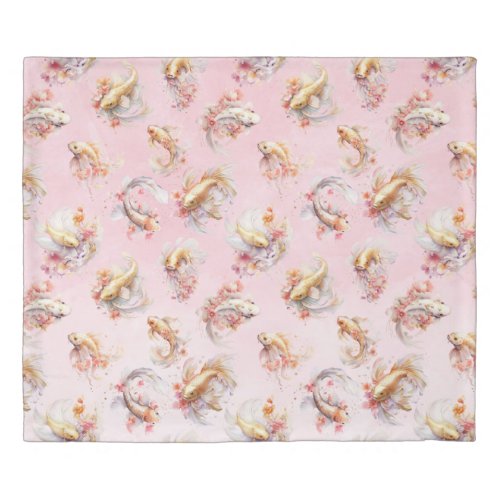 Pink Watercolor Gold Koi Fish Floral Duvet Cover