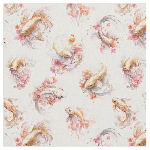 Pink Watercolor Gold Koi Fish Floral Fabric