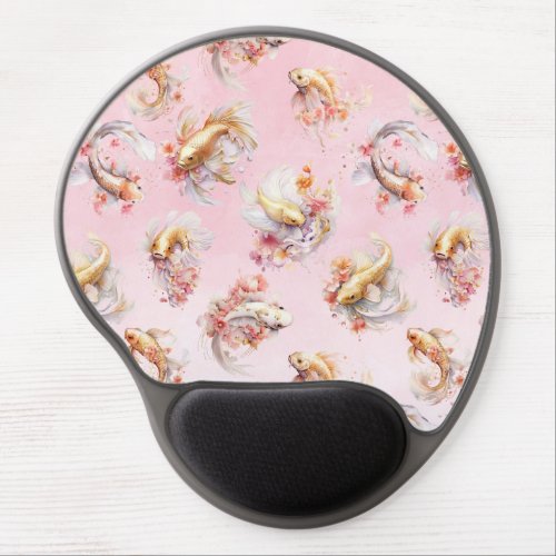 Pink Watercolor Gold Koi Fish Floral Gel Mouse Pad