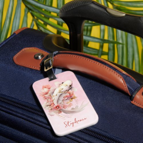 Pink Watercolor Gold Koi Fish Floral Luggage Tag
