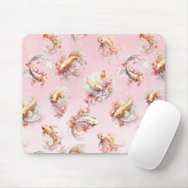 Pink Watercolor Gold Koi Fish Floral Mouse Pad (With Mouse)