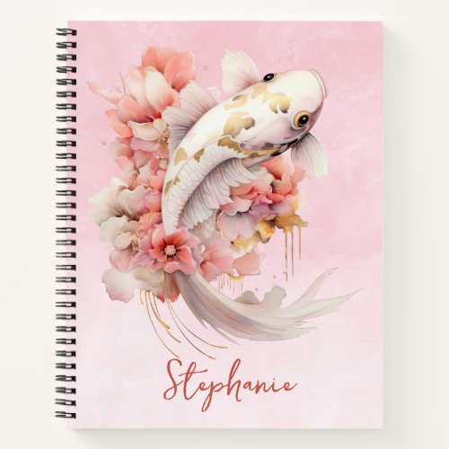 Pink Watercolor Gold Koi Fish Floral Notebook
