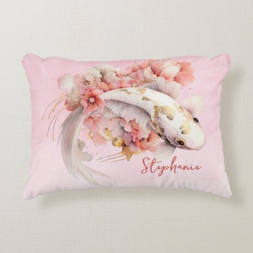 Pink Watercolor Gold Koi Fish Floral Personalized Accent Pillow