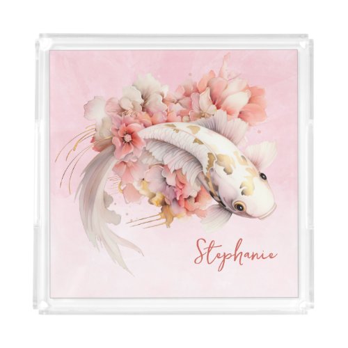 Pink Watercolor Gold Koi Fish Floral Personalized Acrylic Tray