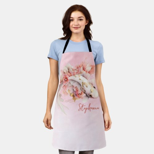 Pink Watercolor Gold Koi Fish Floral Personalized Apron