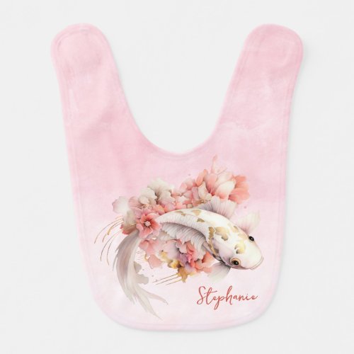 Pink Watercolor Gold Koi Fish Floral Personalized Baby Bib