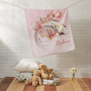 Pink Watercolor Gold Koi Fish Floral Personalized Baby Blanket