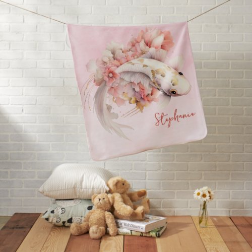 Pink Watercolor Gold Koi Fish Floral Personalized Baby Blanket