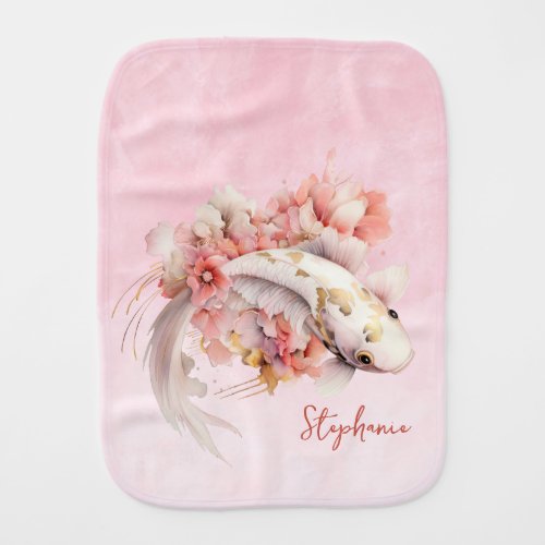 Pink Watercolor Gold Koi Fish Floral Personalized Baby Burp Cloth