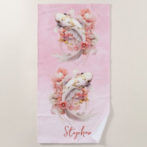 Pink Watercolor Gold Koi Fish Floral Personalized Beach Towel