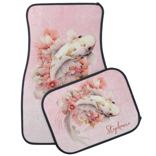 Pink Watercolor Gold Koi Fish Floral Personalized Car Floor Mat