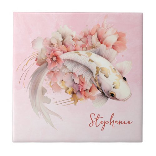 Pink Watercolor Gold Koi Fish Floral Personalized Ceramic Tile