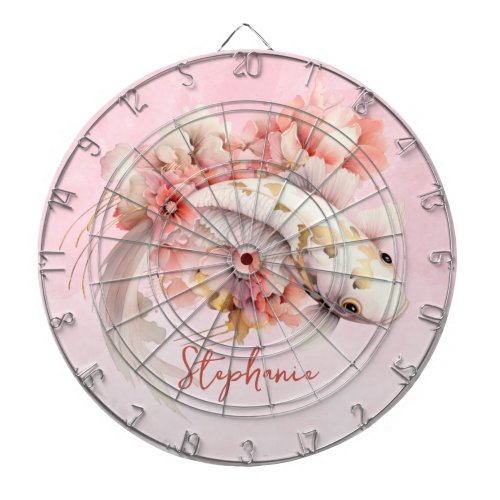 Pink Watercolor Gold Koi Fish Floral Personalized Dart Board