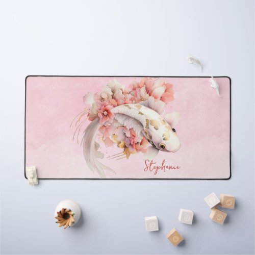 Pink Watercolor Gold Koi Fish Floral Personalized Desk Mat