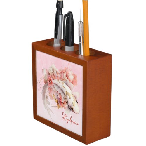 Pink Watercolor Gold Koi Fish Floral Personalized Desk Organizer