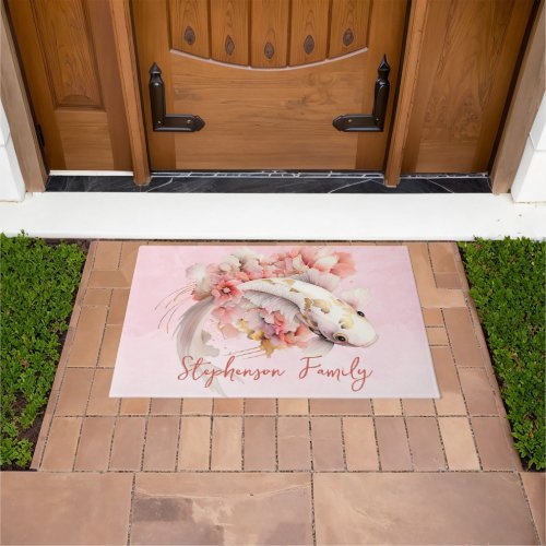 Pink Watercolor Gold Koi Fish Floral Personalized Doormat