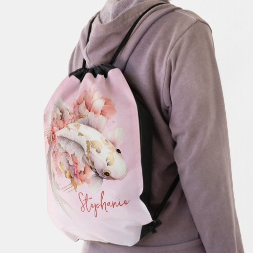 Pink Watercolor Gold Koi Fish Floral Personalized Drawstring Bag